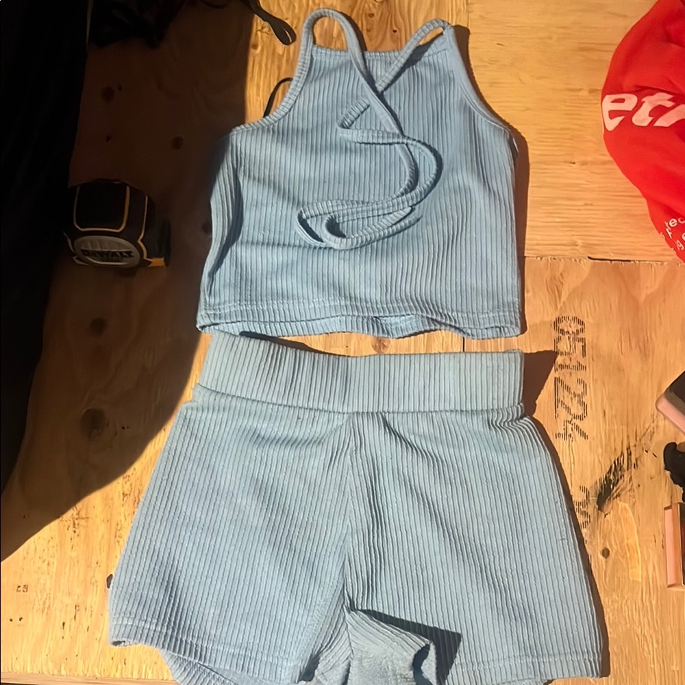 Blue Ribbed Tank Top and Shorts Set